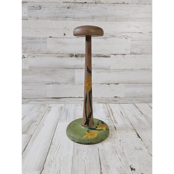 Vintage Yellow Floral Hand Painted Wooden Hat Stand Display Euro Farmhouse 10.5\